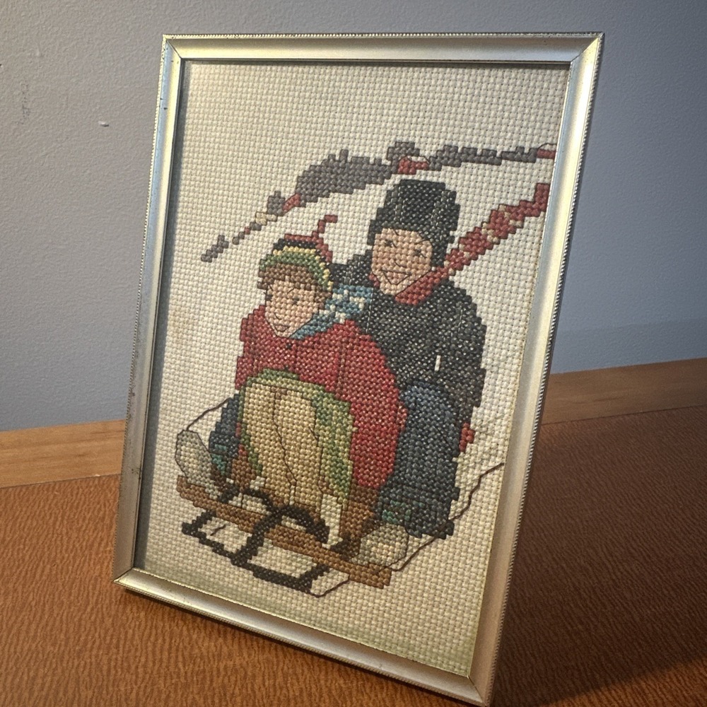 Vtg Crossstitch In Gold Grame Winter‎ Holiday Sledding